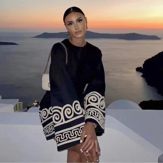 Beach Style Black Embroidery Long Sleeve Mini Dress With High Waist