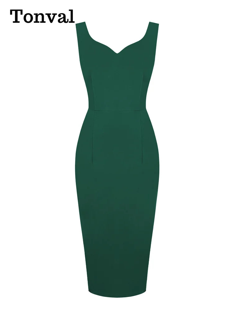 Sweetheart Neck Sleeveless Office Midi Pencil Dress: Vintage Red Solid Elegant Slim Bodycon