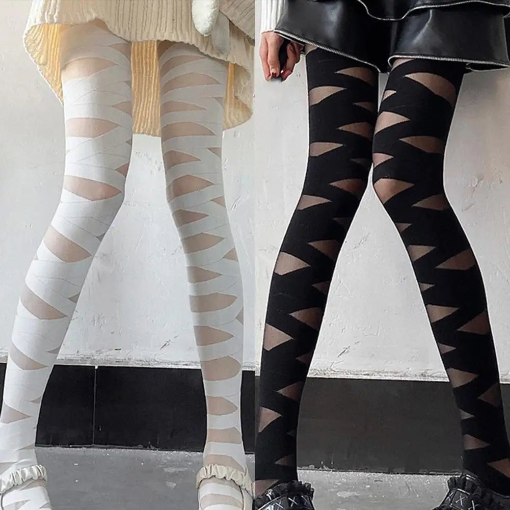 Women Girls Pantyhose See-through Cross Bandage Thin Cosplay Japanese Style Elasticity Tights Stockings Leggings