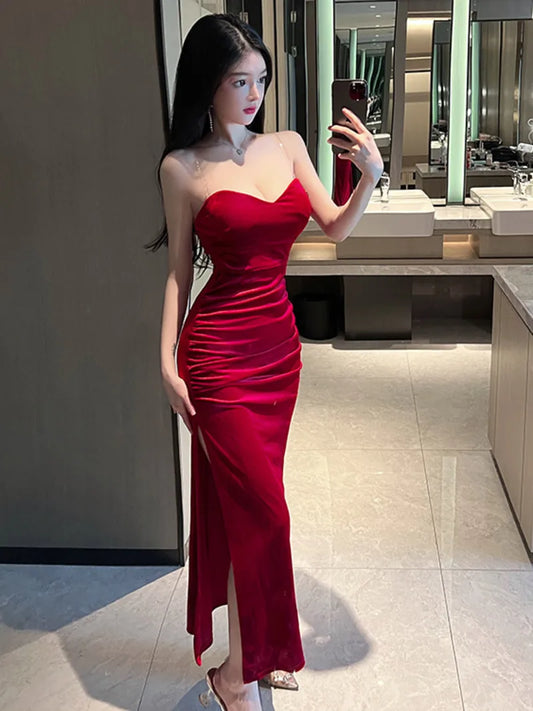 Women's Sexy Wrapped Chest Backless High Split Velvet Wrapped Hip