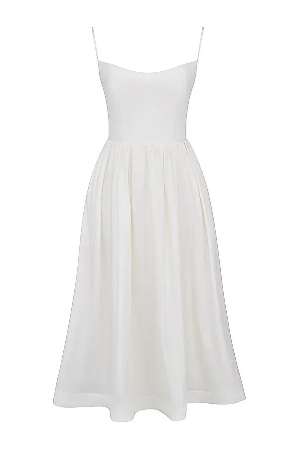 Vacation Spaghetti Strap Midi White Beach Dress/Party Dress