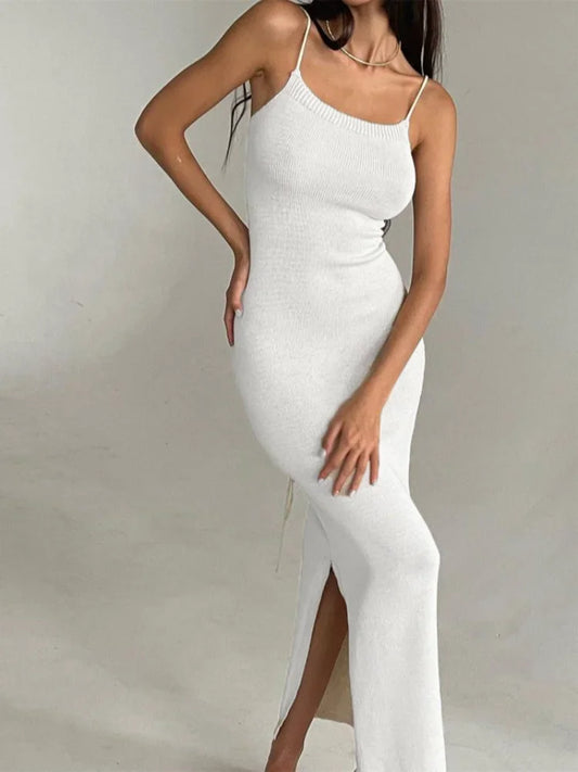 Elegant Knitted Long HOT & Sexy Spaghetti Strap Backless Bodycon Maxi Dress Lace-Up Slit Dress
