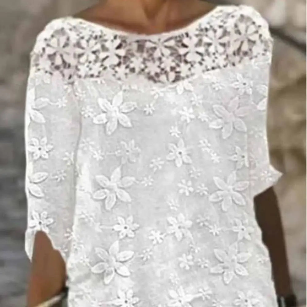 Women's Elegant Beach White Lace Stitching Embroidery Flower Summer Vintage Mini Dress Midi Dress