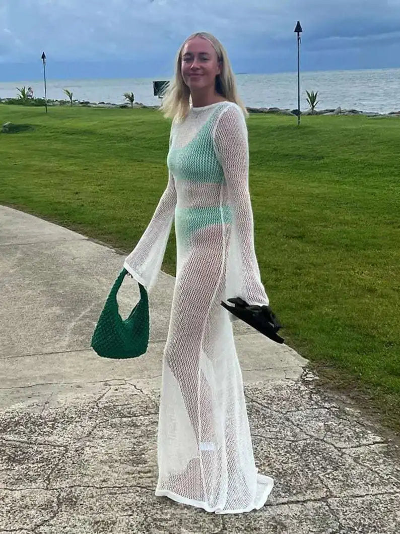 Backless Mesh See Through Long Sleeve Womens Beach Dress Sexy White Maxi