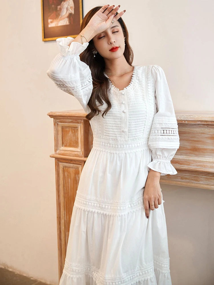 Bohemian Gypsy Lady White Elegant Summer Chic Maxi Dress Tiered Hollowed Out Lace