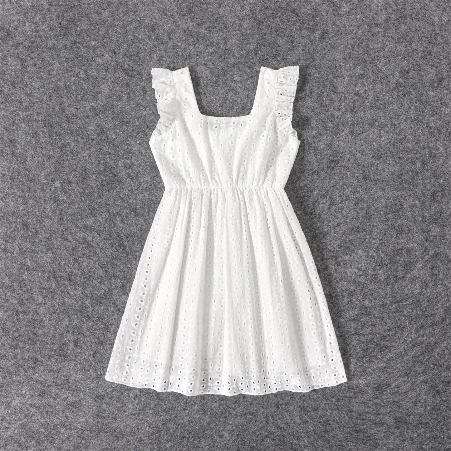 White Hollow-Out Floral Embroidered Ruffle: 100% Cotton Matching Outfits