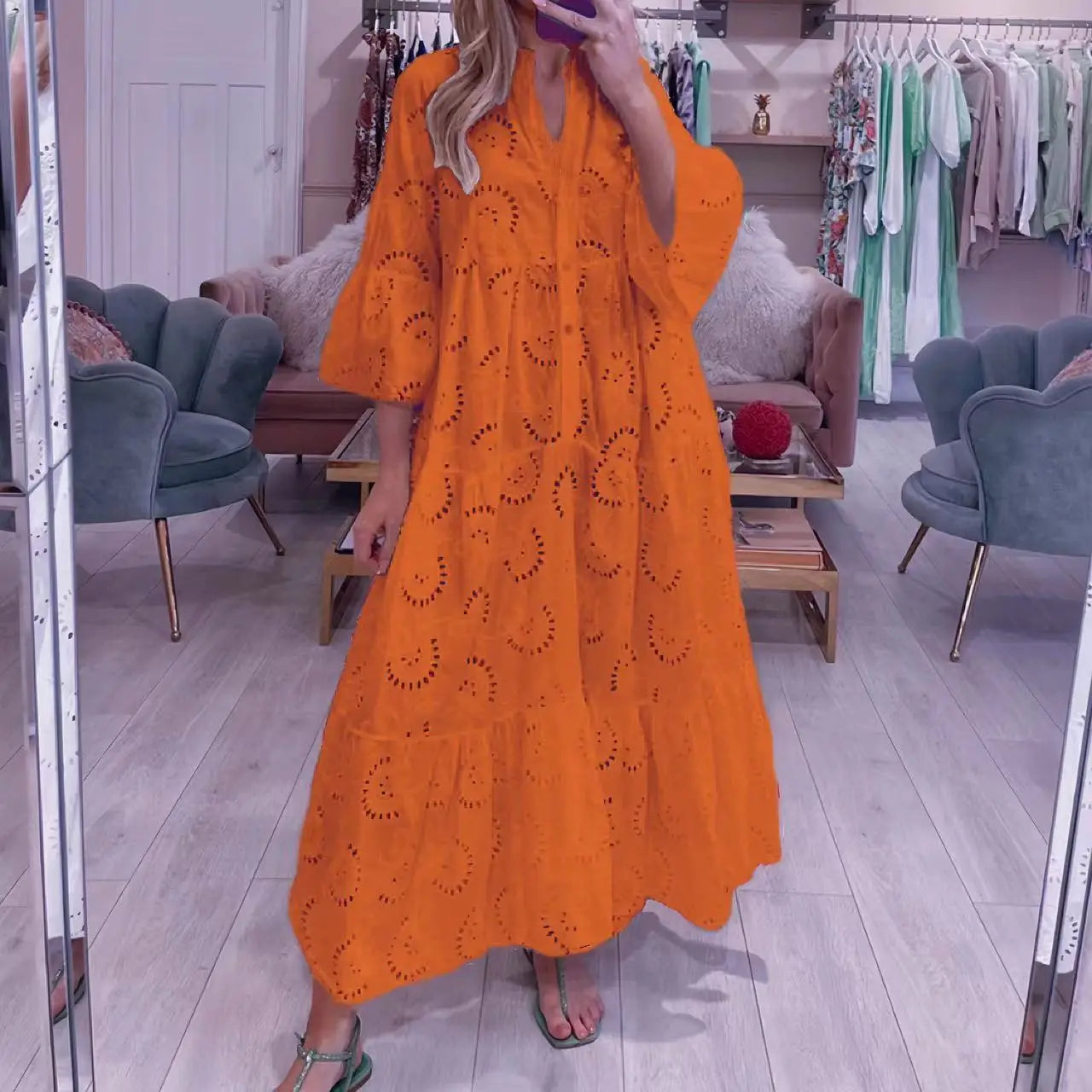 Spring Summer Hollow Lace Shirt Dress W/ Flared Sleeves