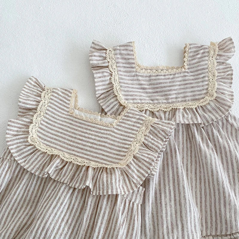 Girls Striped Lace Summer Romper Sister Matching Princess Dresses