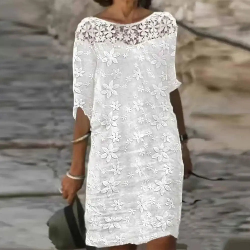 Women's Elegant Beach White Lace Stitching Embroidery Flower Summer Vintage Mini Dress Midi Dress