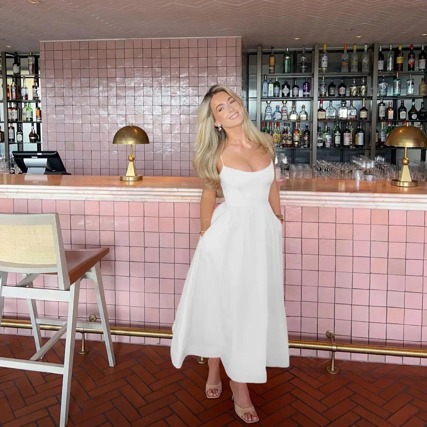 Vacation Spaghetti Strap Midi White Beach Dress/Party Dress