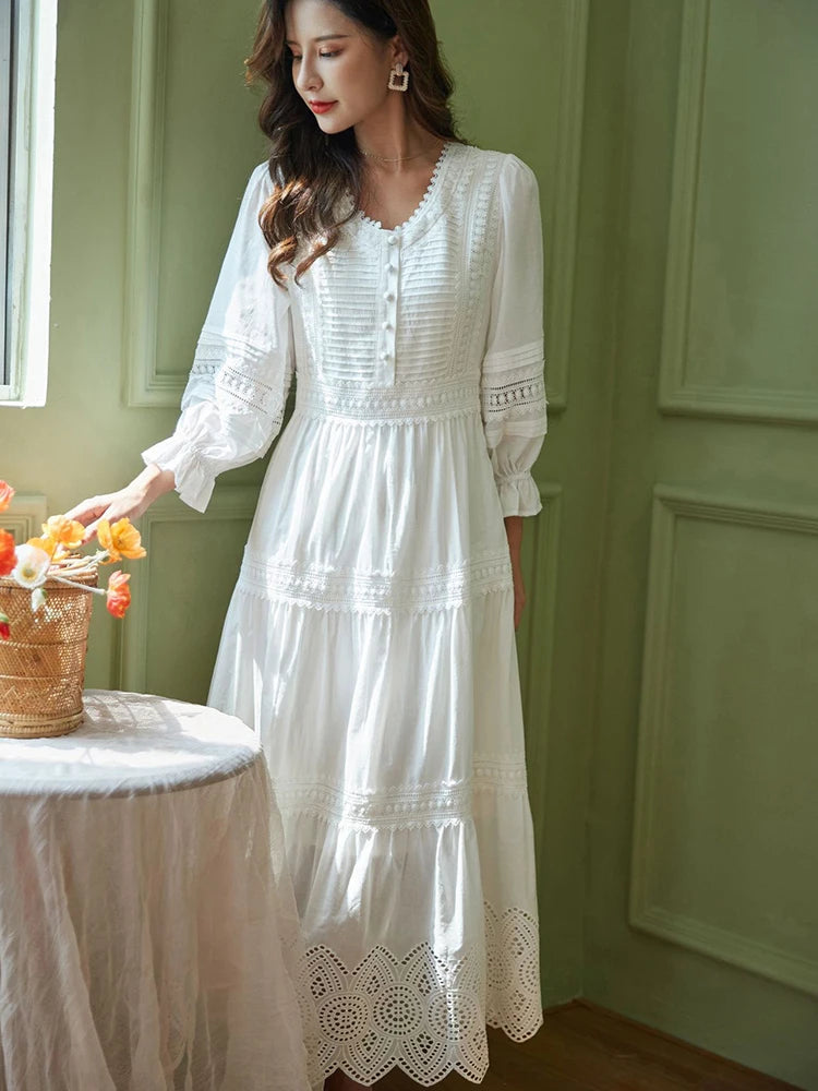 Bohemian Gypsy Lady White Elegant Summer Chic Maxi Dress Tiered Hollowed Out Lace