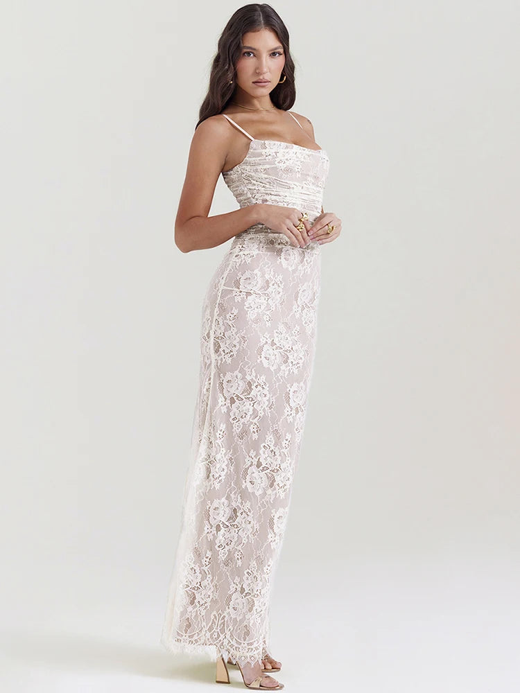 Elegant Party Clubwear Double Layer Lace Two Piece Sets With Long Sleeve Spaghetti Strap