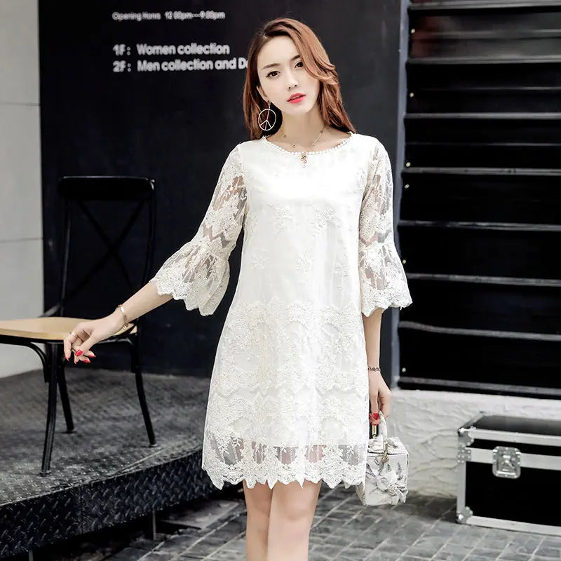 Ladies Lace Embroidery Base Dress: White Hollow Mesh Round Neck 3/4 Flared Sleeve Loose Mini Dress