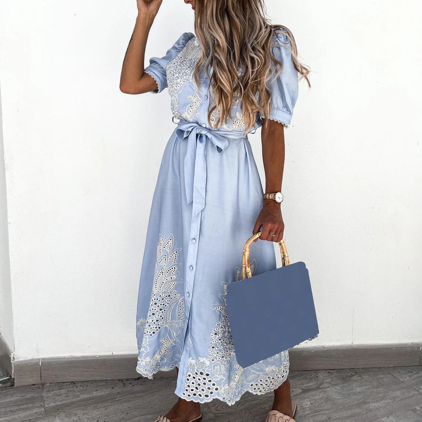 New White Hollow Embroidery Elegant W/ Short Sleeves For Spring & Summer Clothing