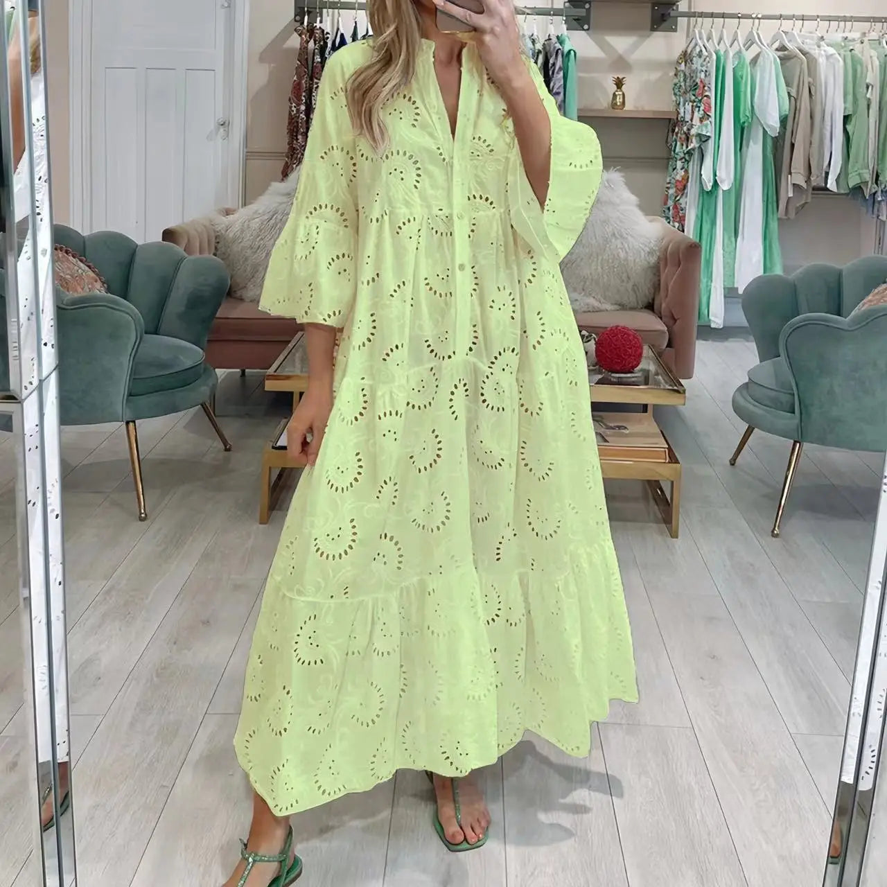 Spring Summer Hollow Lace Shirt Dress W/ Flared Sleeves