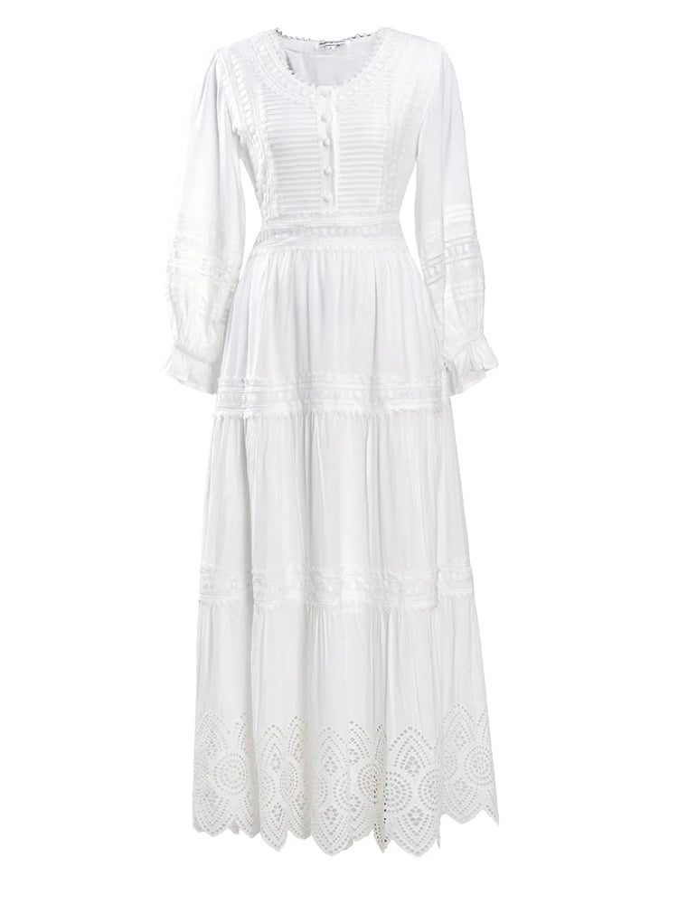 Bohemian Gypsy Lady White Elegant Summer Chic Maxi Dress Tiered Hollowed Out Lace