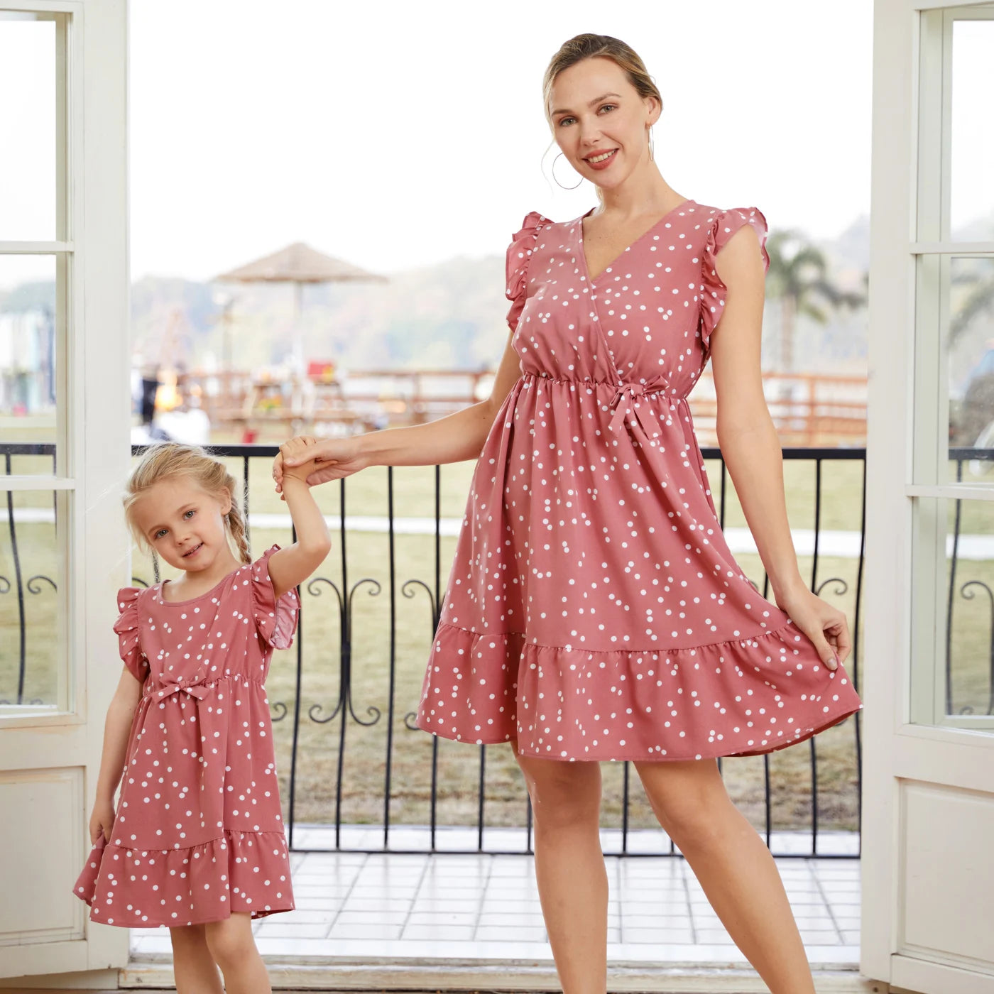 Pink Dots Cross Wrap V Neck Ruffle Flutter-sleeve Matching Outfits For Mother & Daughter